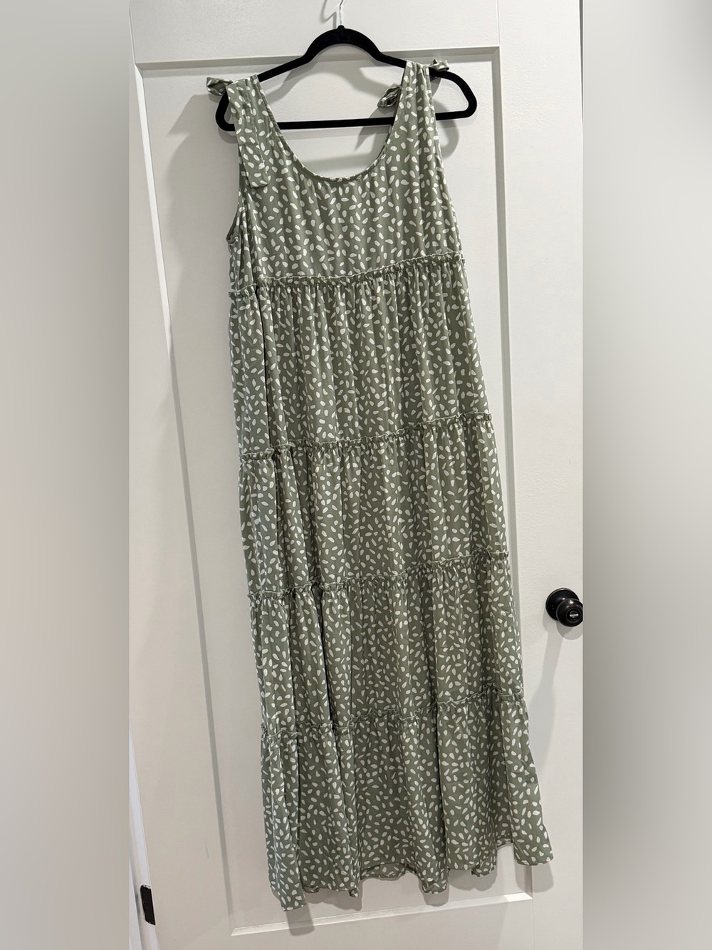 JODIFL Sage Green Tiered Maxi Dress with White Leaf Print